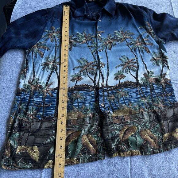 Pierre Cardin Hawaiian Shirt Mens Extra Large Blue Rayon Tropical Palm Tree Camp - Picture 8 of 11